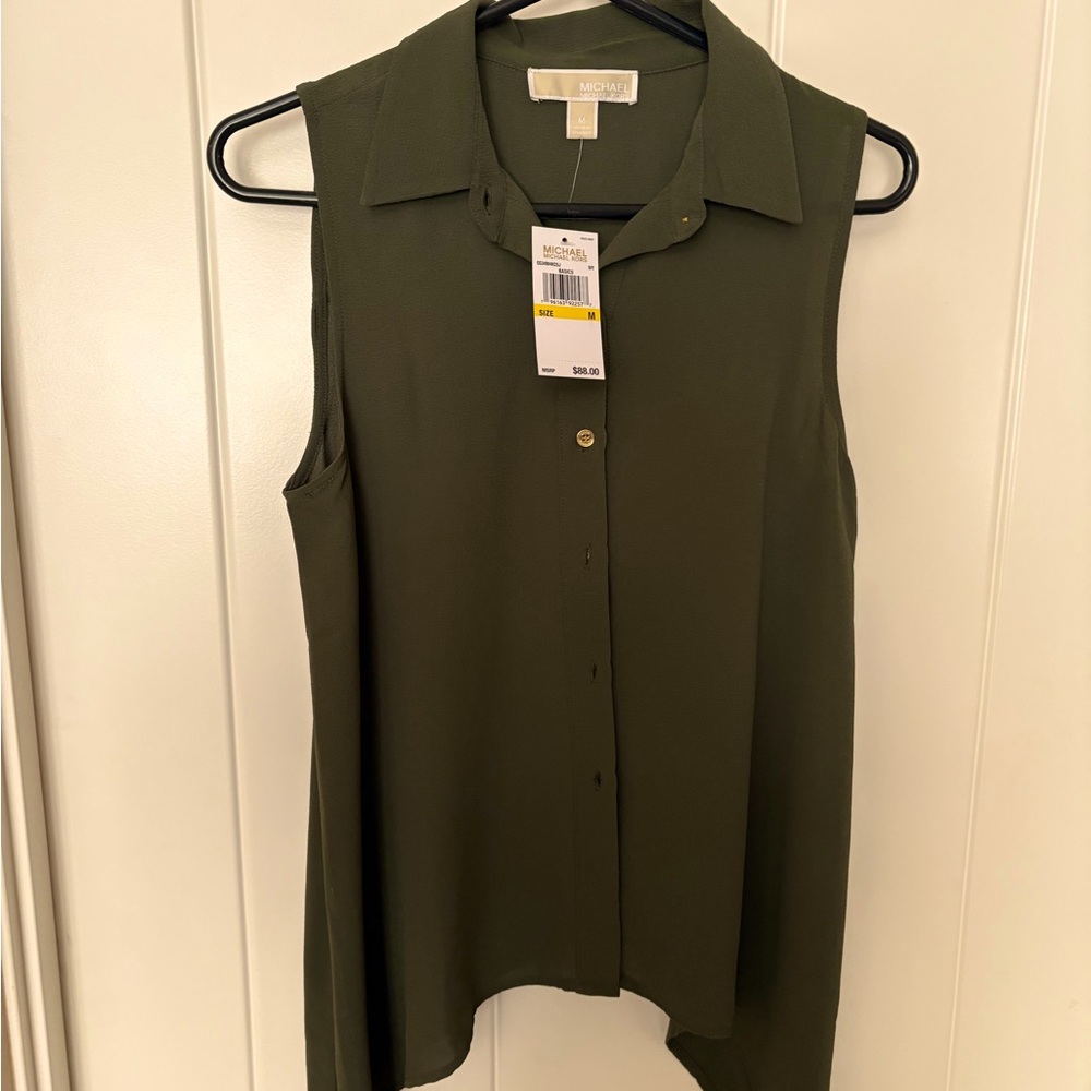 Michael Kors Dark Olive Asymmetrical Button Down Blouse
